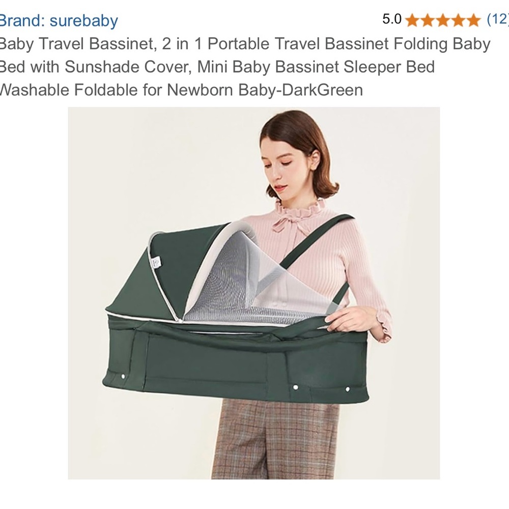 Dark Green Portable Travel Bassinet with Sunshade